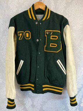 Vintage 1970 Letter Jacket Wool Leather Bear Creek HS Lakewood, CO Size 42 Green